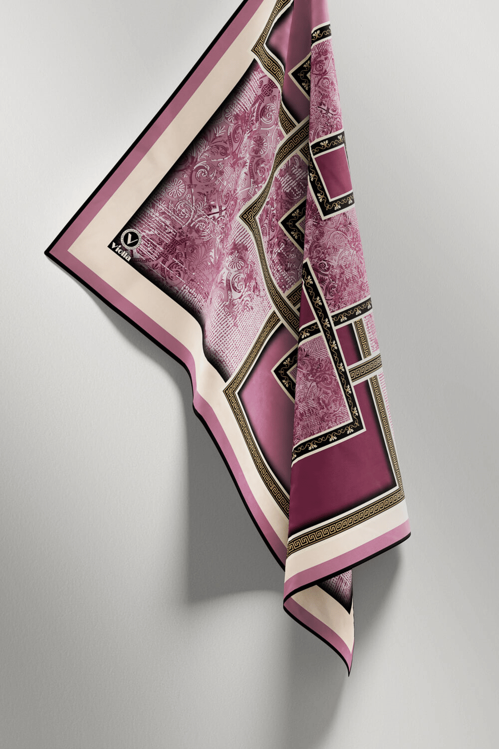 Twill Geometrik Desenli Mürdüm Renkli 90x90 Eşarp (İpek İçermez) Kenar Dikiş Şekli El Dikişli
