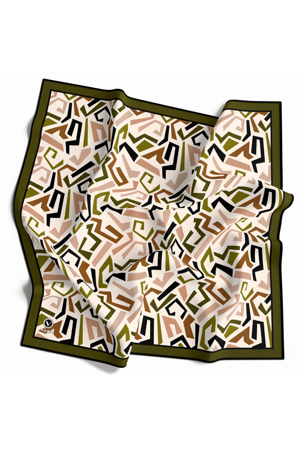 Twill Geometrik Desenli Haki Yeşili Renkli 90x90 Eşarp (İpek İçermez) Kenar Dikiş Şekli El Dikişli