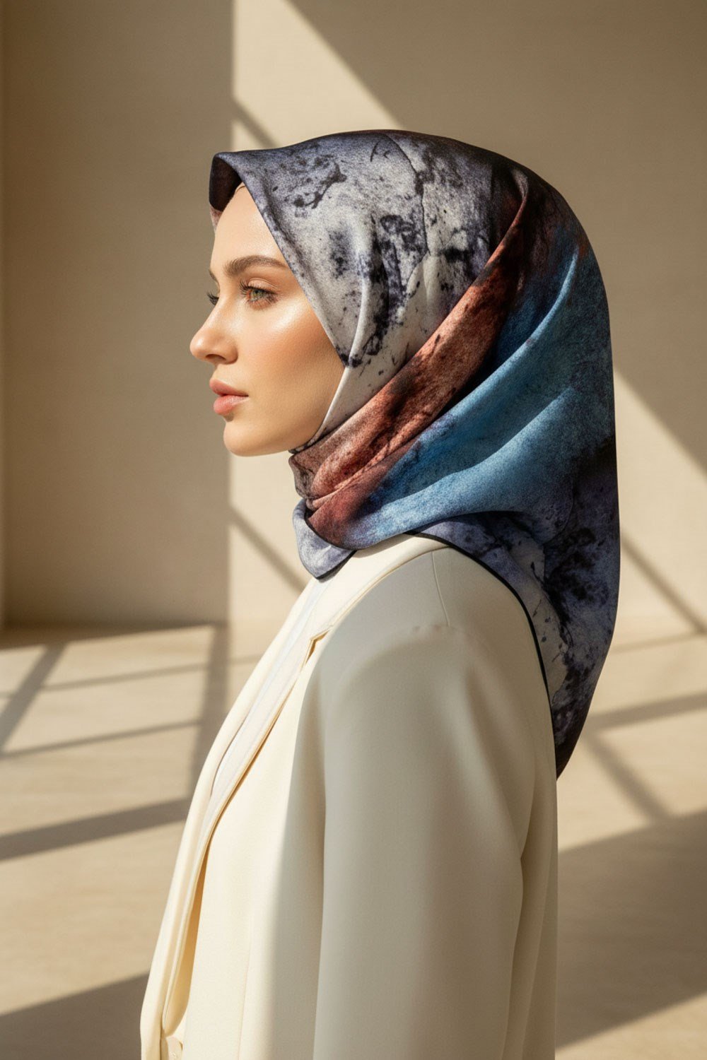 %100 Twill İpek Dokulu Ve Geometrik Desenli Gül Kurusu - İndigo Renkli 90x90 Eşarp Dikim Şekli : El Dikişi