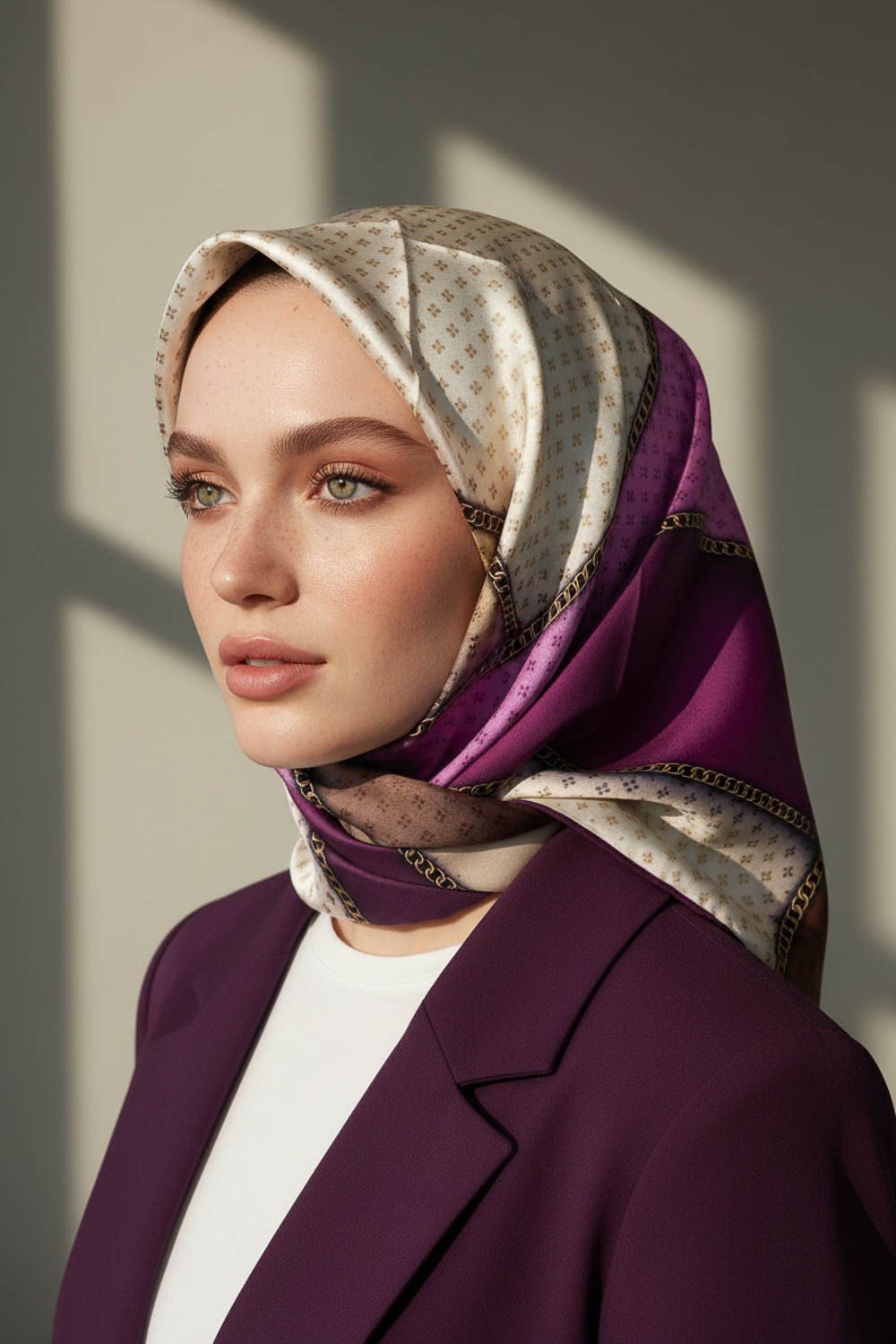 %100 Twill İpek Eşarp 90x90 Geometrik Kare Desenli El Dikişli Kadın Eşarp