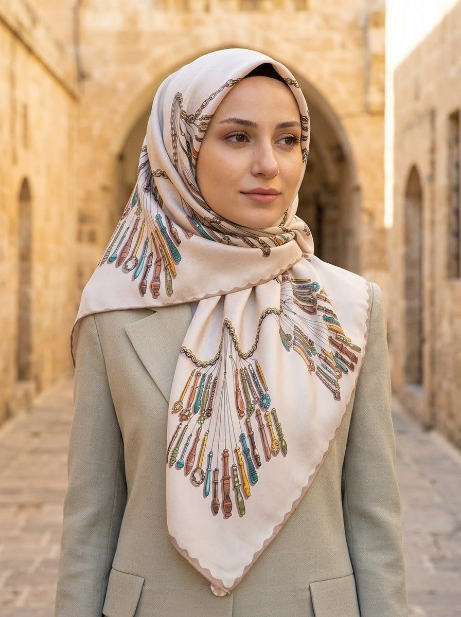 %100 Twill İpek Zincir Desenli Krem Renkli 90x90 Eşarp Dikim Şekli : El Dikişi