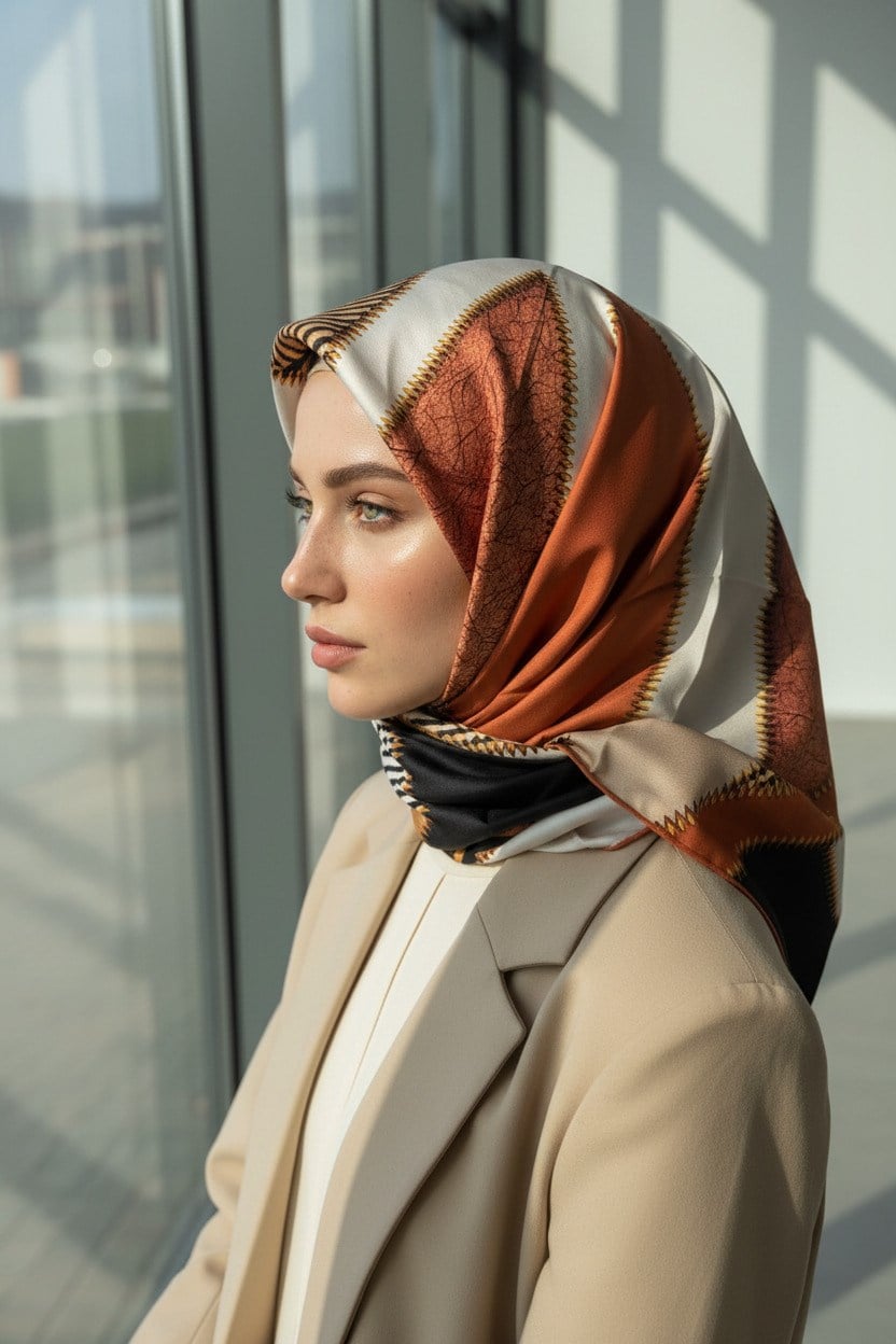 % 57 İPEK % 43 VİSKON Twill İpek Geometrik Desenli Taba - Siyah Renkli 90x90 Eşarp Dikim Şekli : El Dikişi