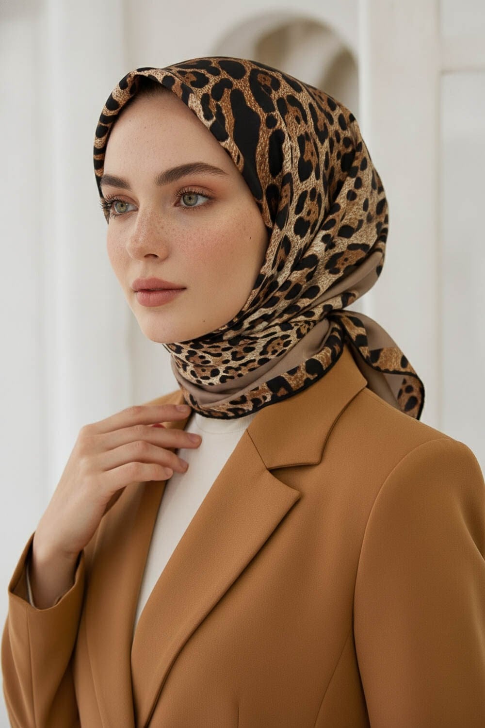 %100 Twill İpek Leopar Desenli Vizon Renkli 90x90 Eşarp Dikim Şekli : El Dikişi
