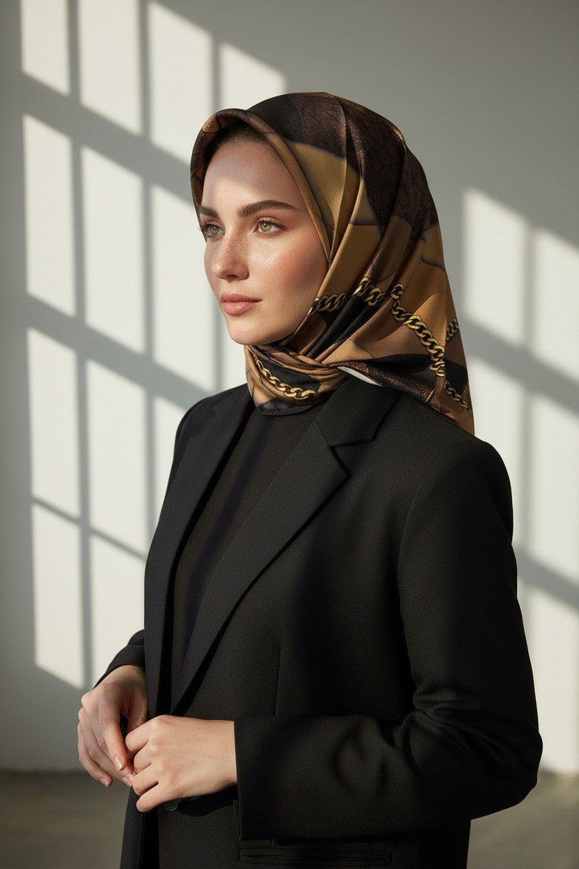%100 Twill İpek Taş Efekti Desenli Hardal - Siyah Renkli 90x90 Eşarp Dikim Şekli : El Dikişi