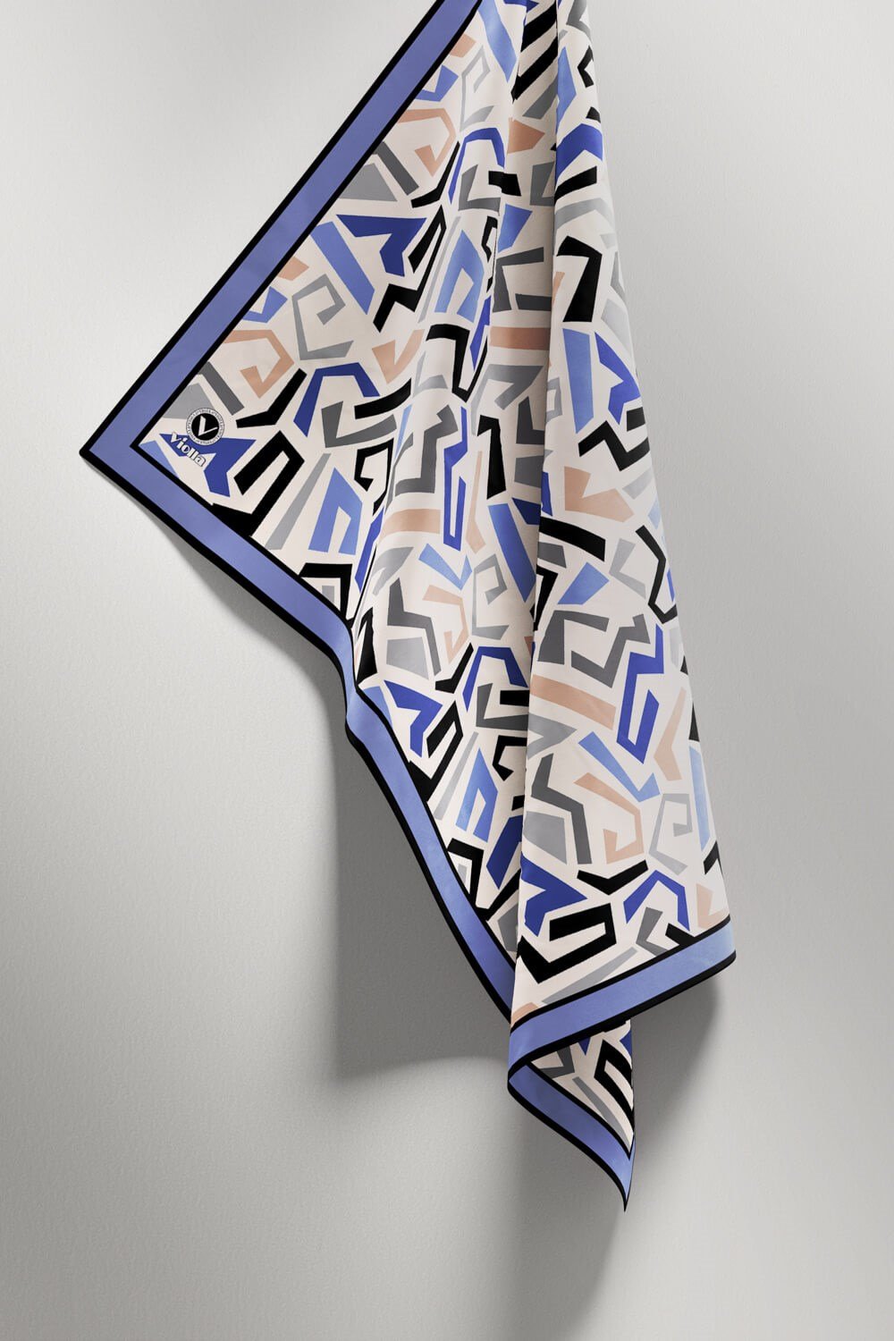 Twill Geometrik Desenli Bebe Mavisi Renkli 90x90 Eşarp (İpek İçermez) Kenar Dikiş Şekli El Dikişli