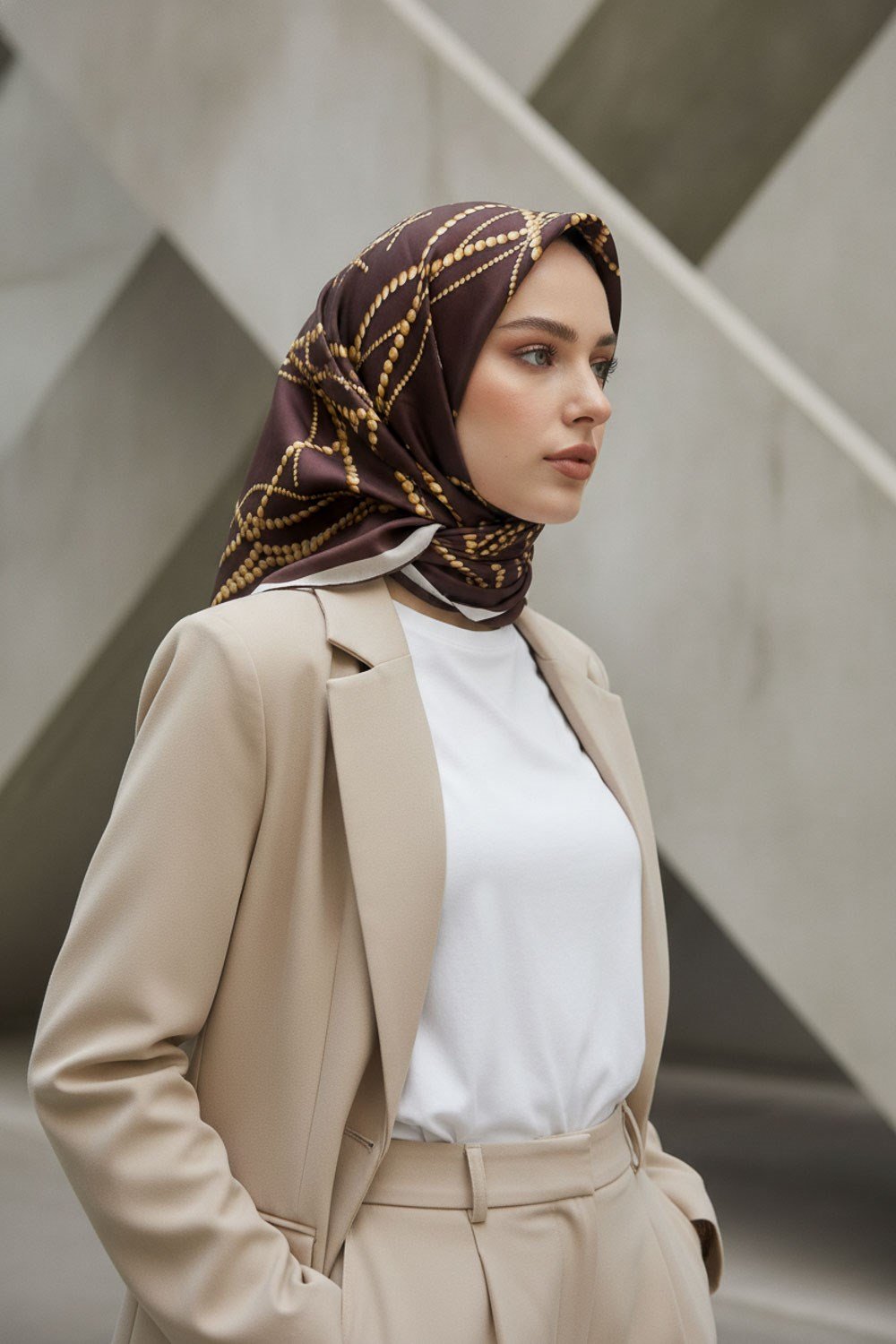 %100 Twill İpek İnci Desenli Kahverengi Renkli 90x90 Eşarp Kenar Dikiş Şekli : El Dikişli