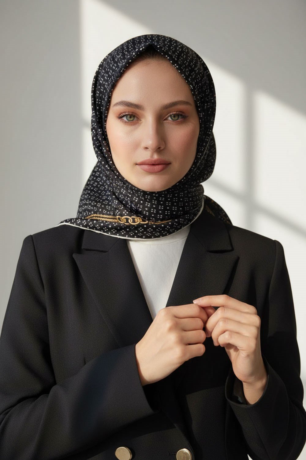 %100 Twill İpek Zincir Desenli Siyah - Krem Renkli 90x90 Eşarp Dikim Şekli : El Dikişi