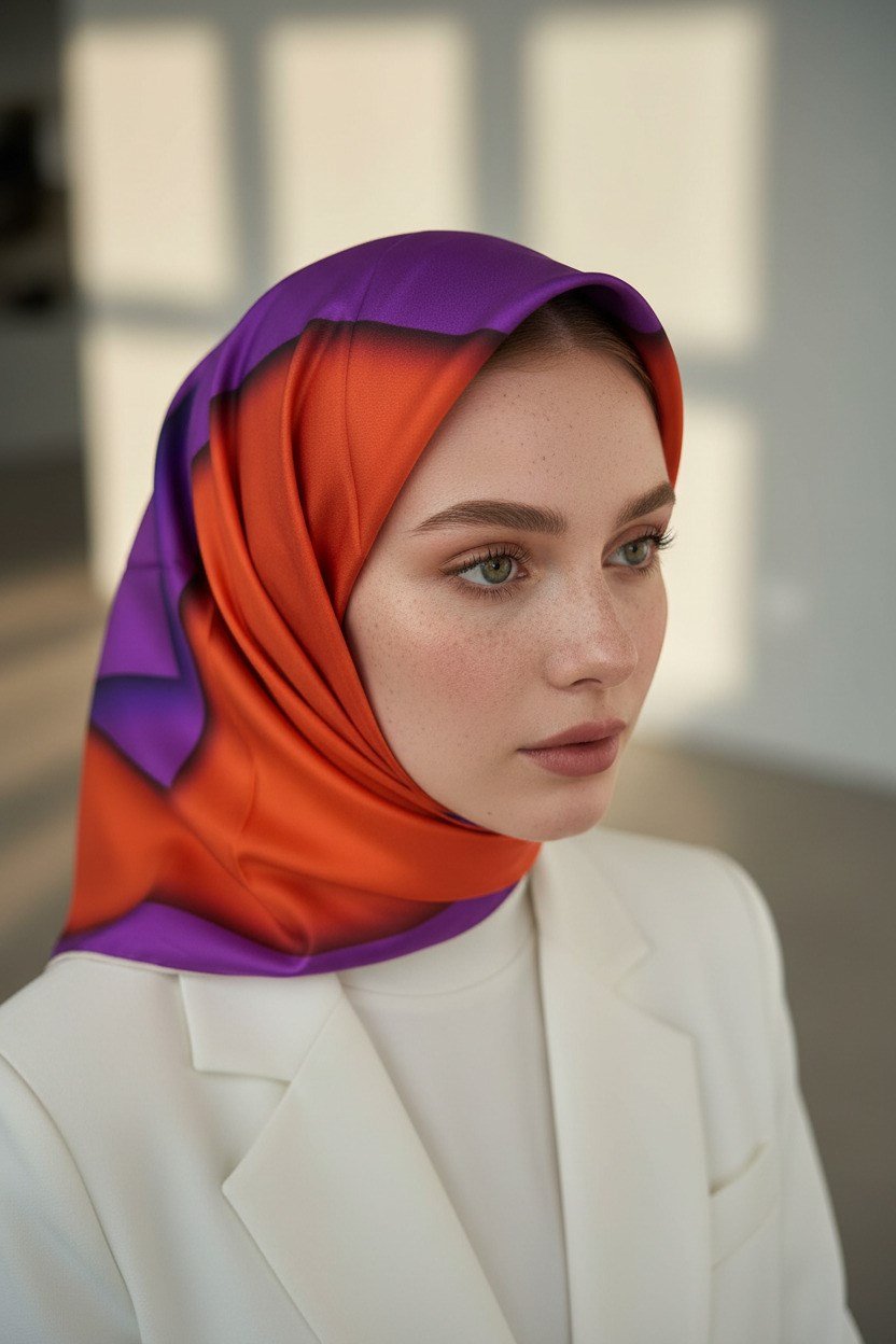 %100 Twill Renk Bloklu Çizgili Desenli Mor - Zümrüt Yeşili Renkli 90x90 Eşarp Dikim Şekli: El Dikişii