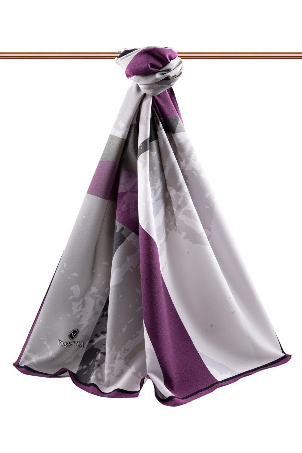 KREP GEOMETRİK DESENLİ VİZON - MÜRDÜM RENKLİ 75X195 KIRIŞMAZ ŞAL