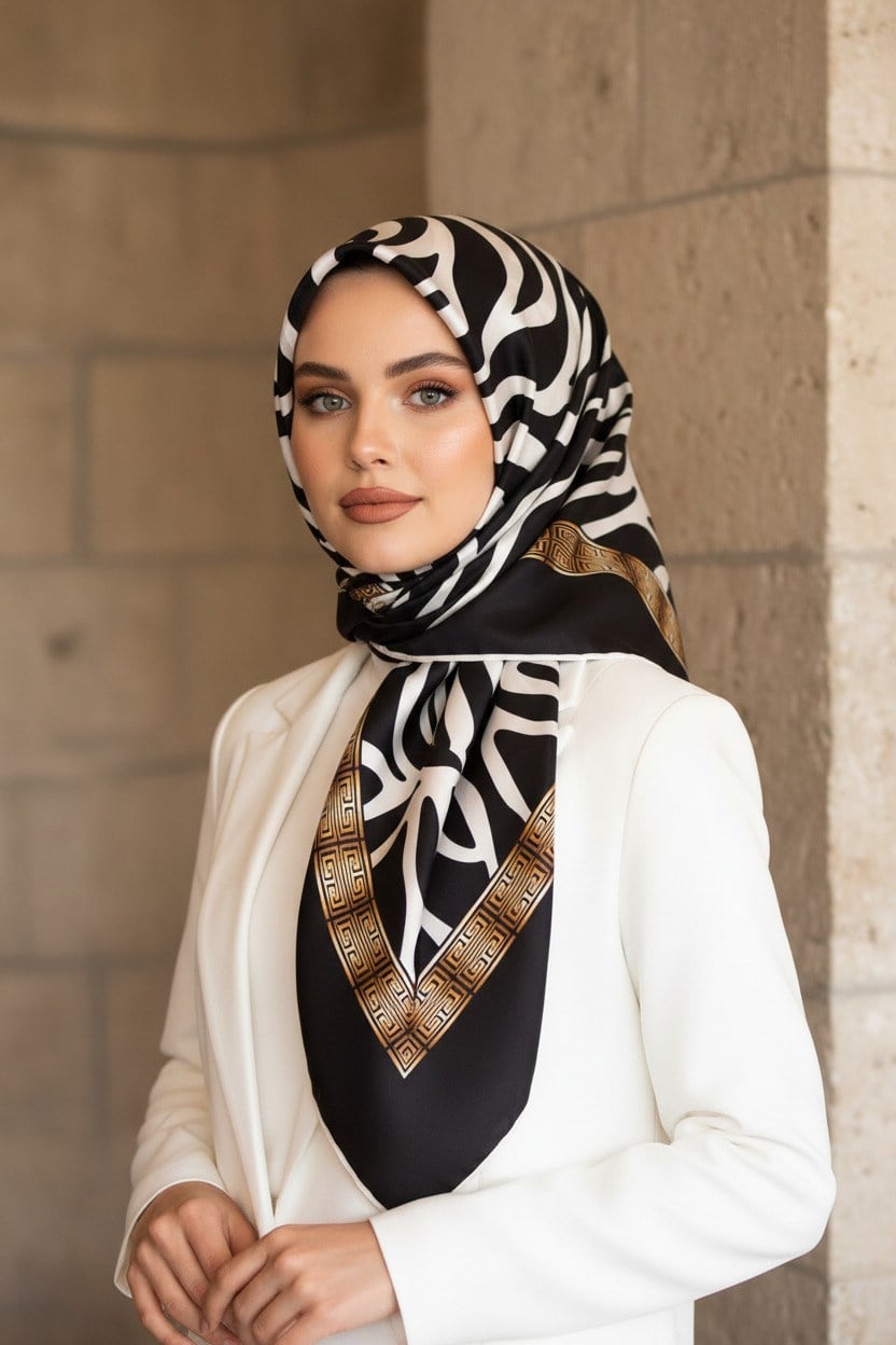 %100 Twill İpek Zebra Desenli Siyah - Beyaz Renkli 90x90 Eşarp Dikim Şekli : El Dikişi