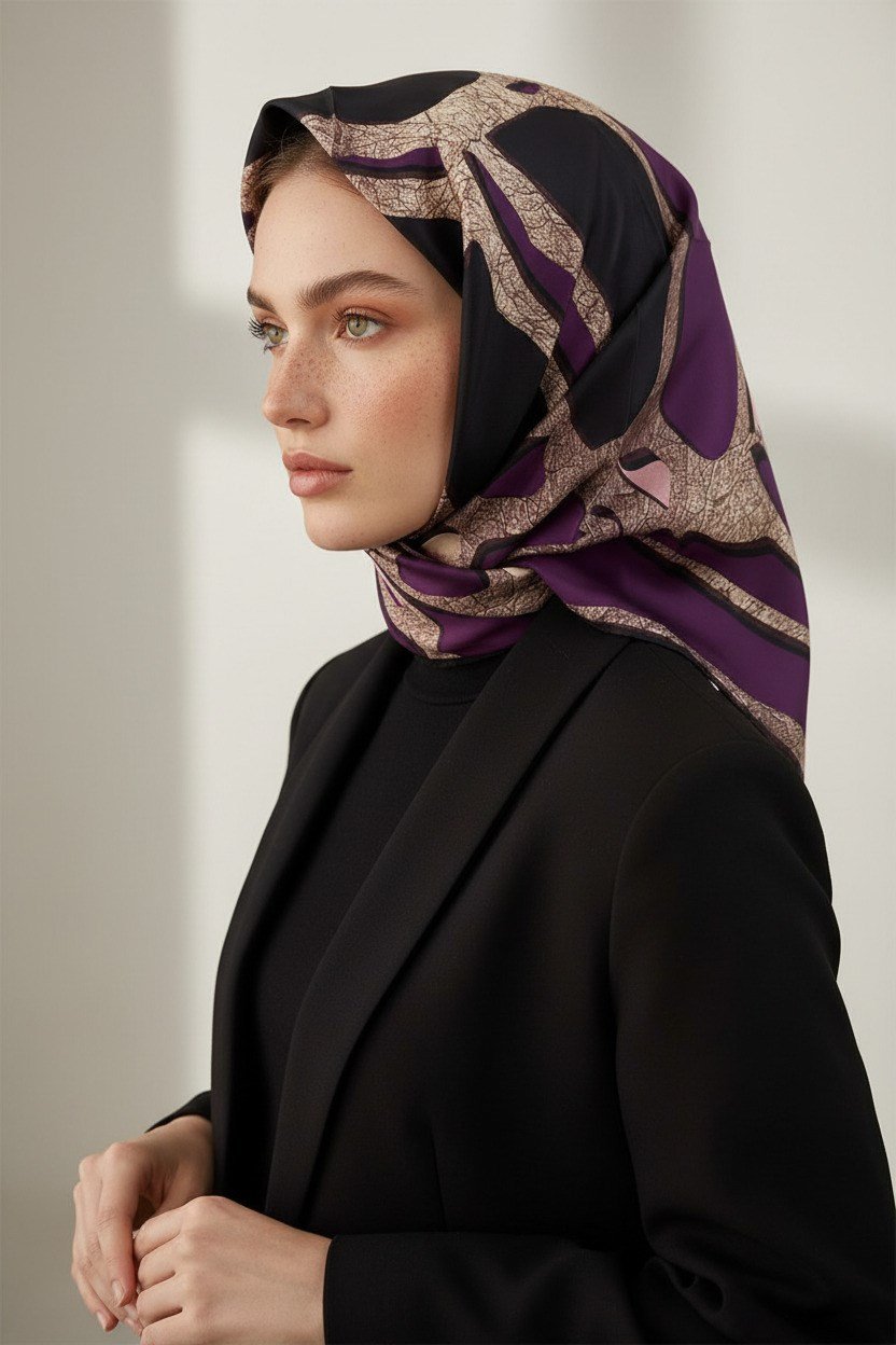 % 57 İPEK % 43 VİSKON Twill İpek Gold Efektli Geometrik Desenli Mürdüm - Siyah Renkli 90x90 Eşarp Dikim Şekli : El Dikişi
