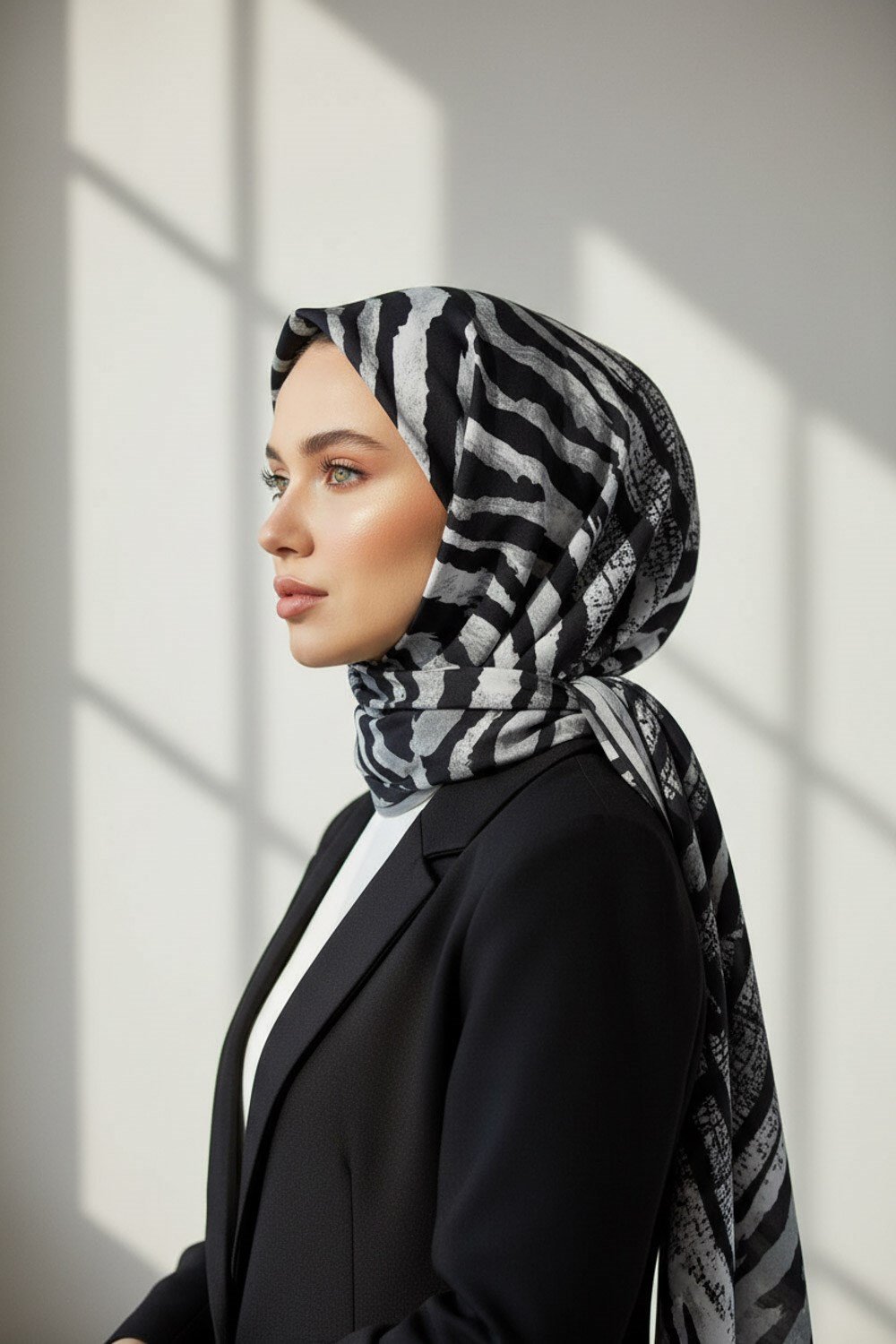 KREP ZEBRA DESENLİ GRİ - SİYAH RENKLİ 75X195 KIRIŞMAZ ŞAL