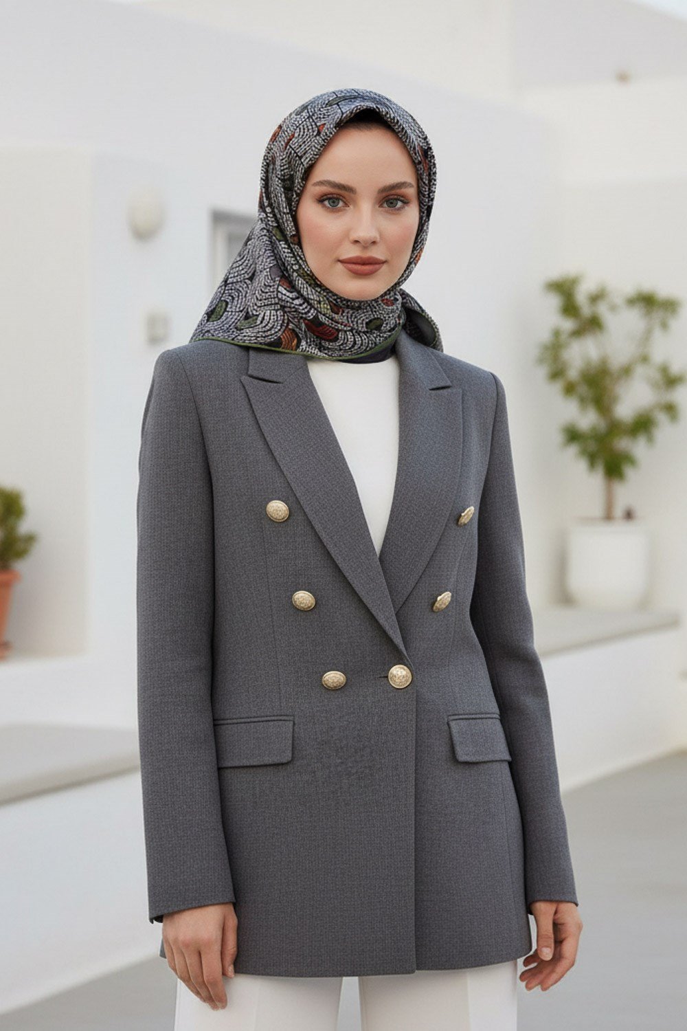 %100 Twill İpek Geometrik Desenli Taba - Haki Renkli 90x90 Eşarp Dikim Şekli : El Dikişi