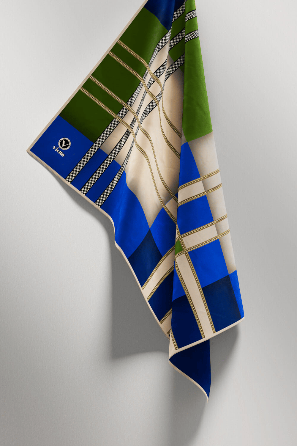 Twill Geometrik Desenli Zümrüt Yeşili - Saks Renkli 90x90 Eşarp (İpek İçermez) Kenar Dikiş Şekli El Dikişli