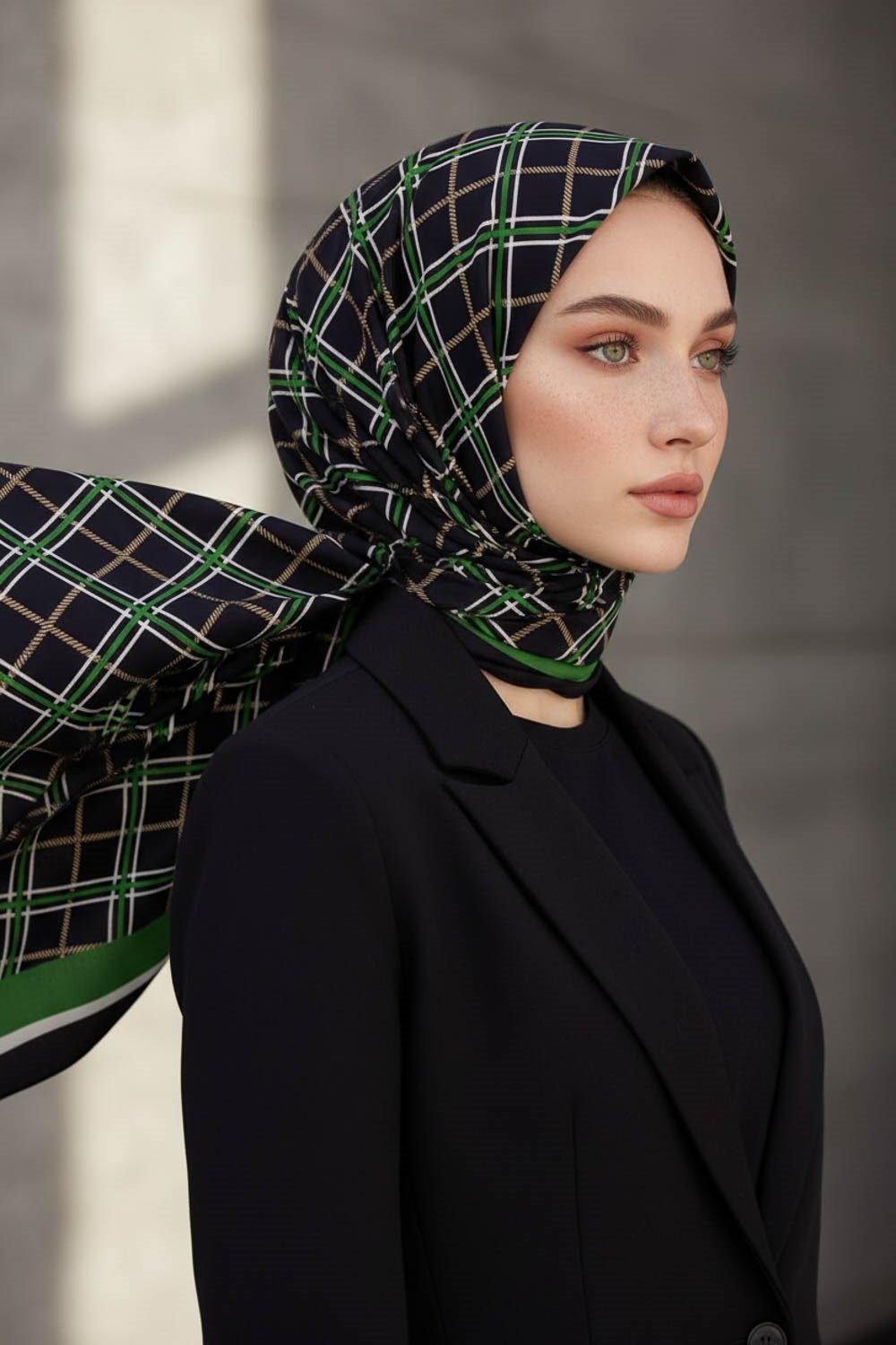 KREP EKOSE DESENLİ SİYAH - ZÜMRÜT YEŞİLİ RENKLİ 75X195 KIRIŞMAZ ŞAL