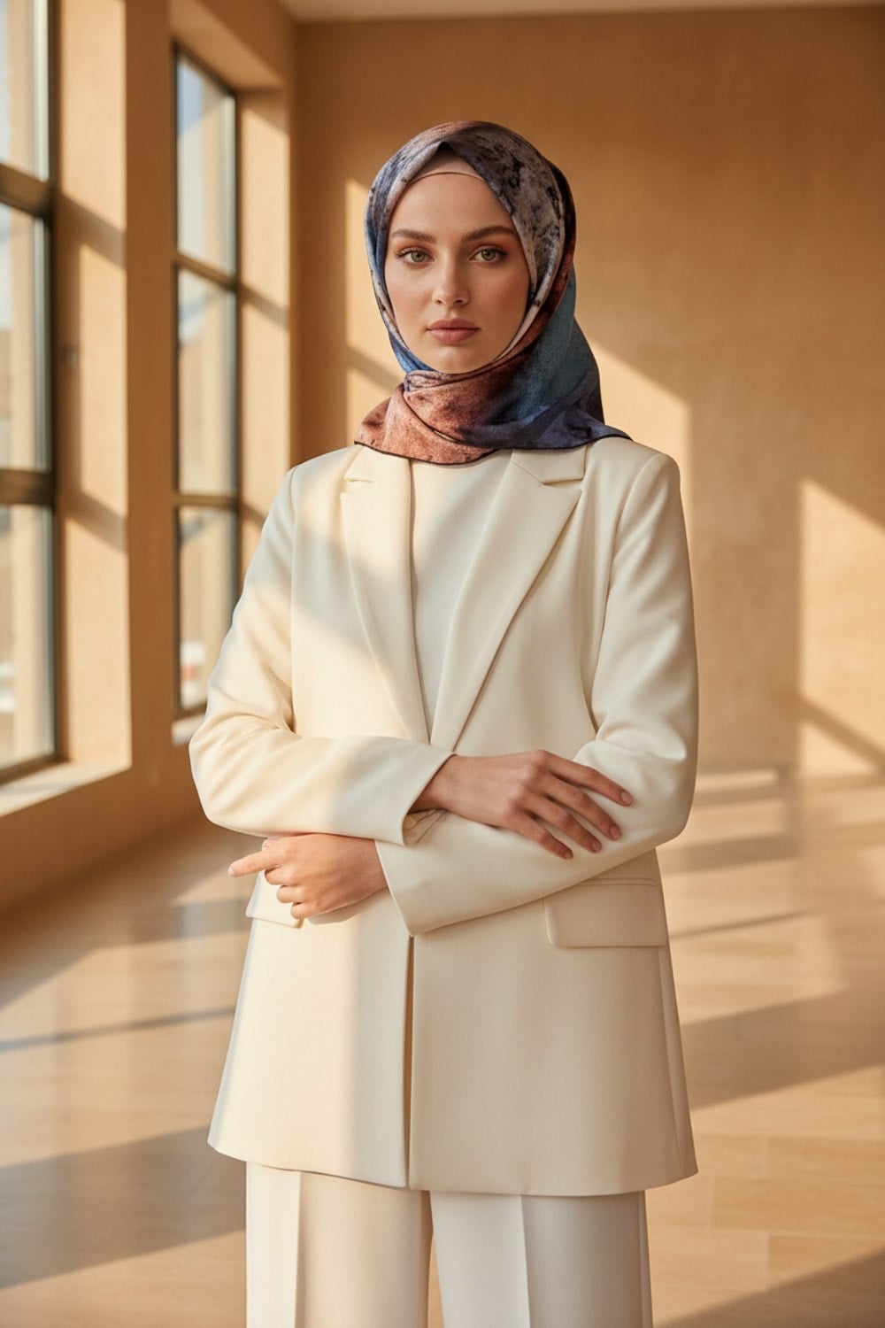 %100 Twill İpek Dokulu Ve Geometrik Desenli Gül Kurusu - İndigo Renkli 90x90 Eşarp Dikim Şekli : El Dikişi