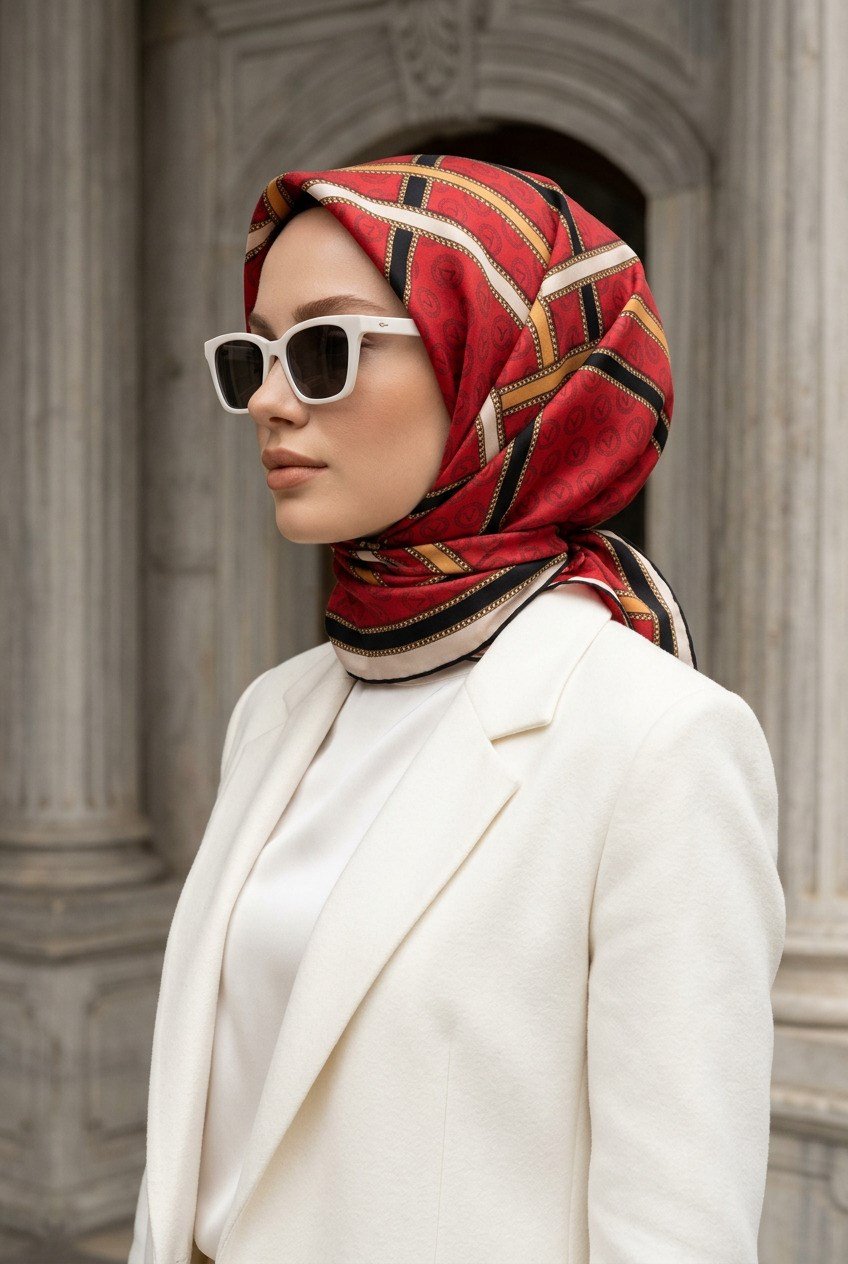 %100 Twill İpek Gold Şeritli Monogram Desenli Kırmızı - Gold Renkli 90x90 Eşarp Dikim Şekli : El Dikişi