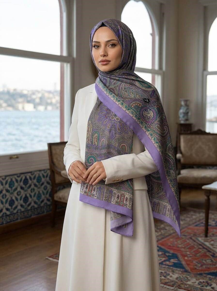 100% İPEK ETRO DESENLİ MOR RENKLİ ŞAL