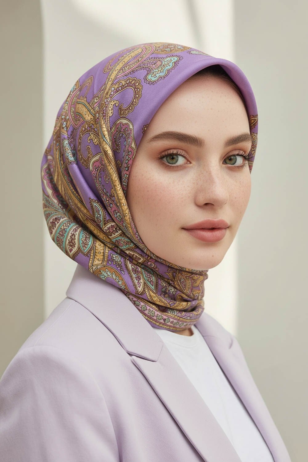 %100 Twill İpek Şal Desenli Lila Renkli 90x90 Eşarp Dikim Şekli : El Dikişi