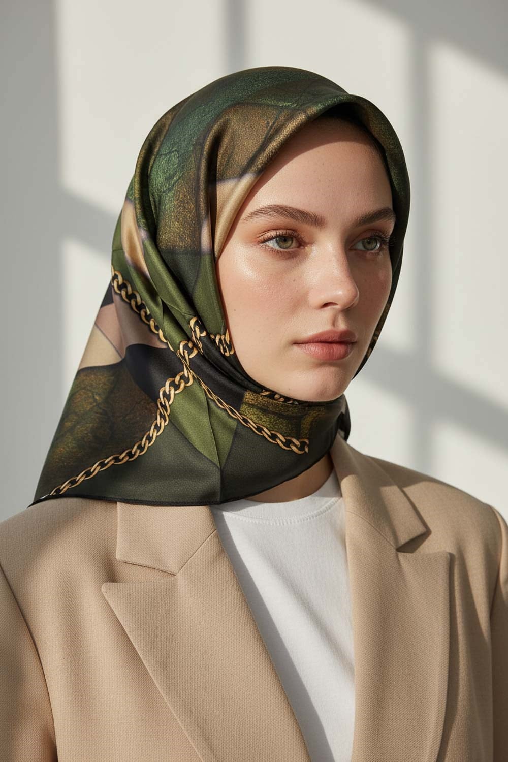 %100 Twill İpek Taş Efekti Desenli Haki - Siyah Renkli 90x90 Eşarp Dikim Şekli : El Dikişi