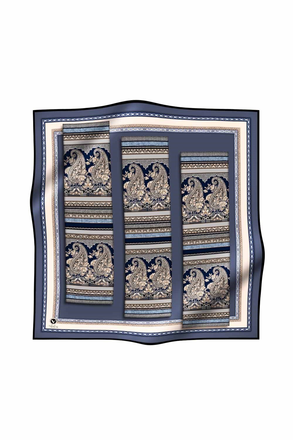 Twill Şal Desenli İndigo - Gri Renkli 90x90 Eşarp (İpek İçermez) Kenar Dikiş Şekli El Dikişli