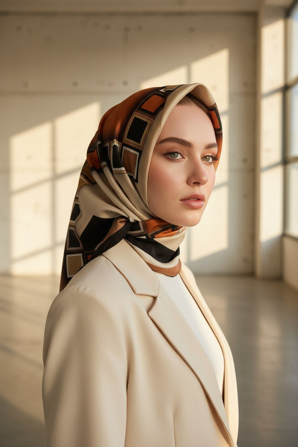 %100 Twill İpek Geometrik Desenli Taba - Krem Renkli 90x90 Eşarp Dikim Şekli : El Dikişi