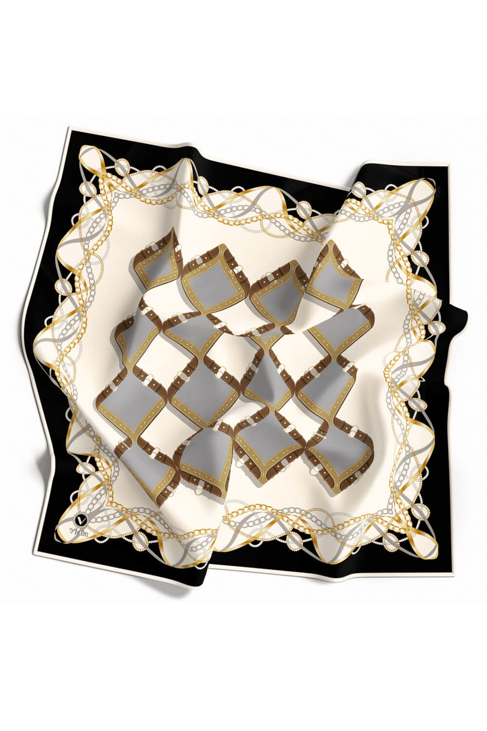 Twill Kemer Ve Zincir Desenli Gri Renkli 90x90 Eşarp (İpek İçermez) Kenar Dikiş Şekli El Dikişli