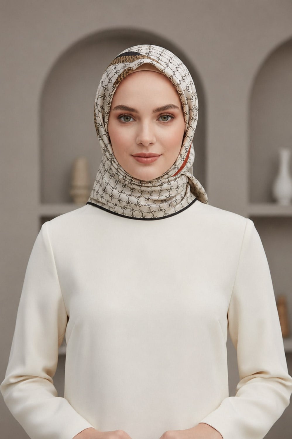 %100 Twill İpek Monogram Ve Şerit Desenli Taba - Siyah Renkli 90x90 Eşarp Dikim Şekli : El Dikişi