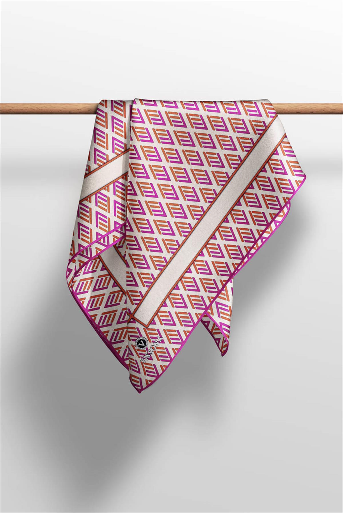%100 Twill İpek Geometrik Desenli Fuşya - Turuncu Renkli 90x90 Eşarp Dikim Şekli : El Dikişi