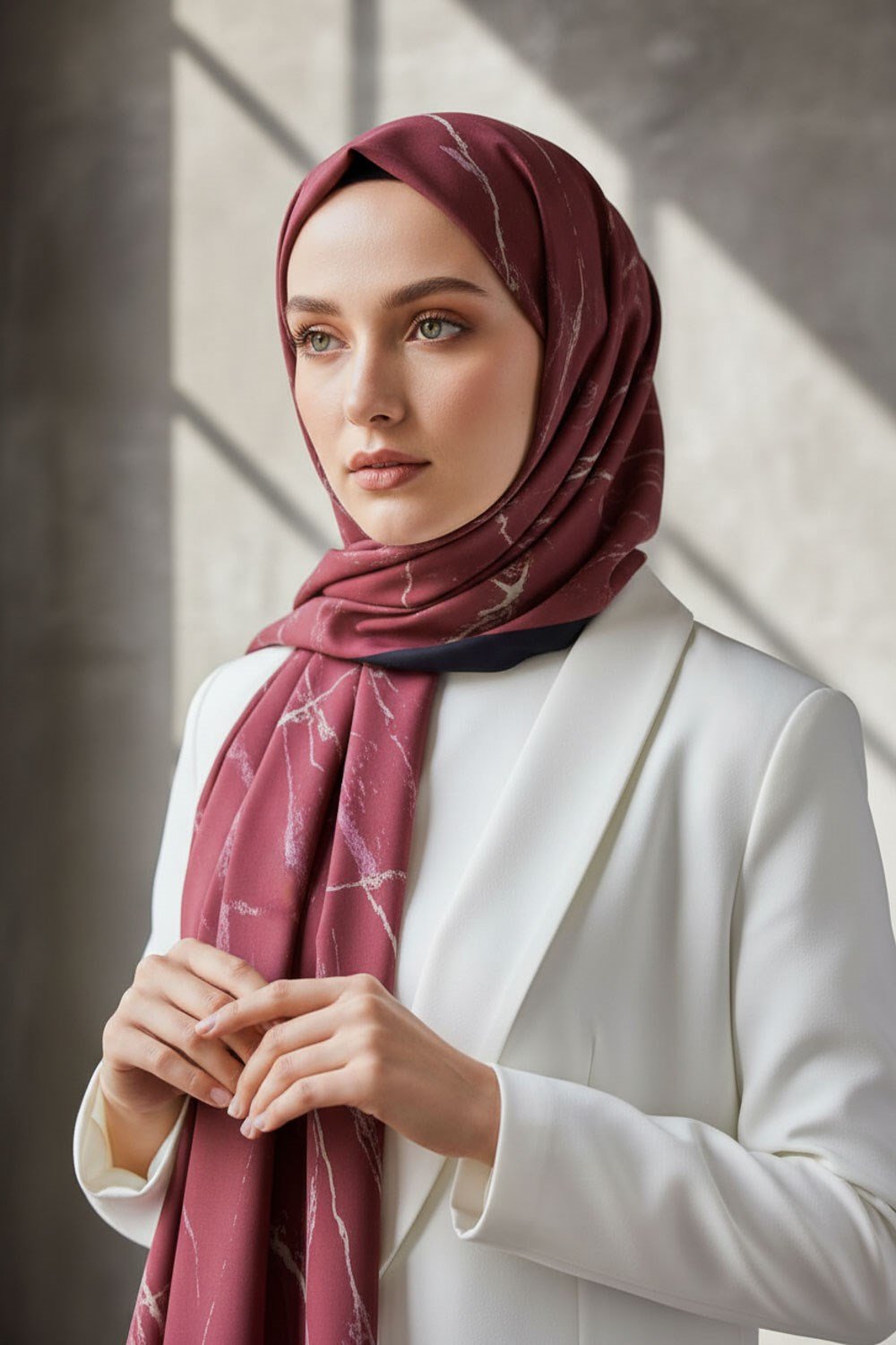 KREP MERMER DESENLİ BORDO RENKLİ 75X195 KIRIŞMAZ ŞAL