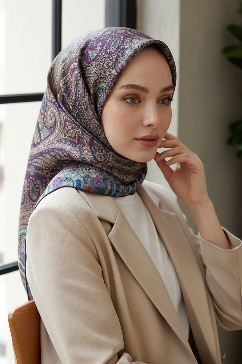 %100 Twill İpek Etro Desenli Mürdüm Renkli 90x90 Eşarp Dikim Şekli : El Dikişi