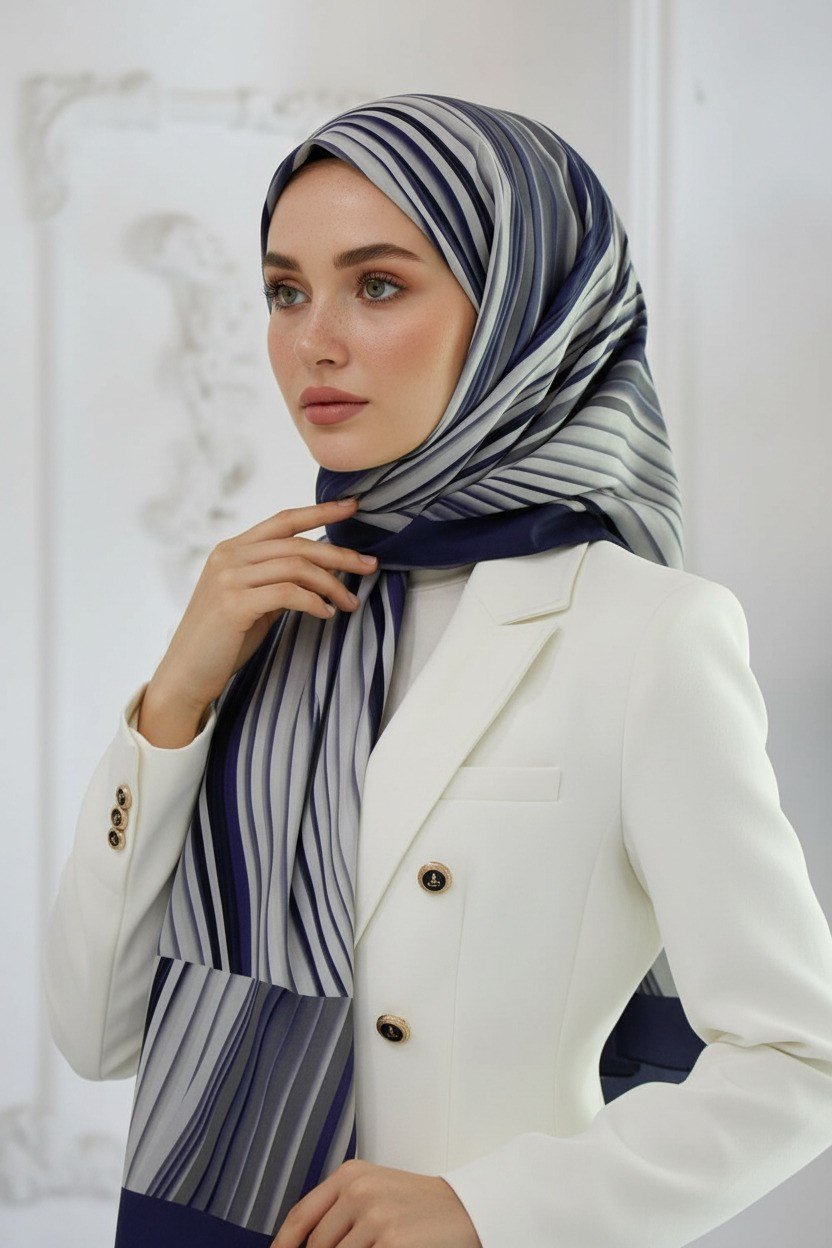 KREP ÇİZGİLİ DESENLİ İNDİGO RENKLİ 75X195 KIRIŞMAZ ŞAL