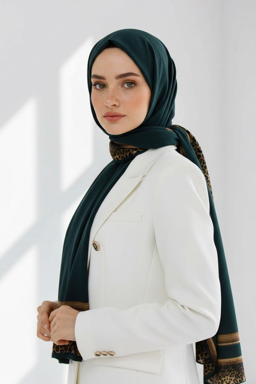 KREP LEOPAR BORDÜR DESENLİ PETROL YEŞİLİ RENKLİ 75X195 KIRIŞMAZ ŞAL