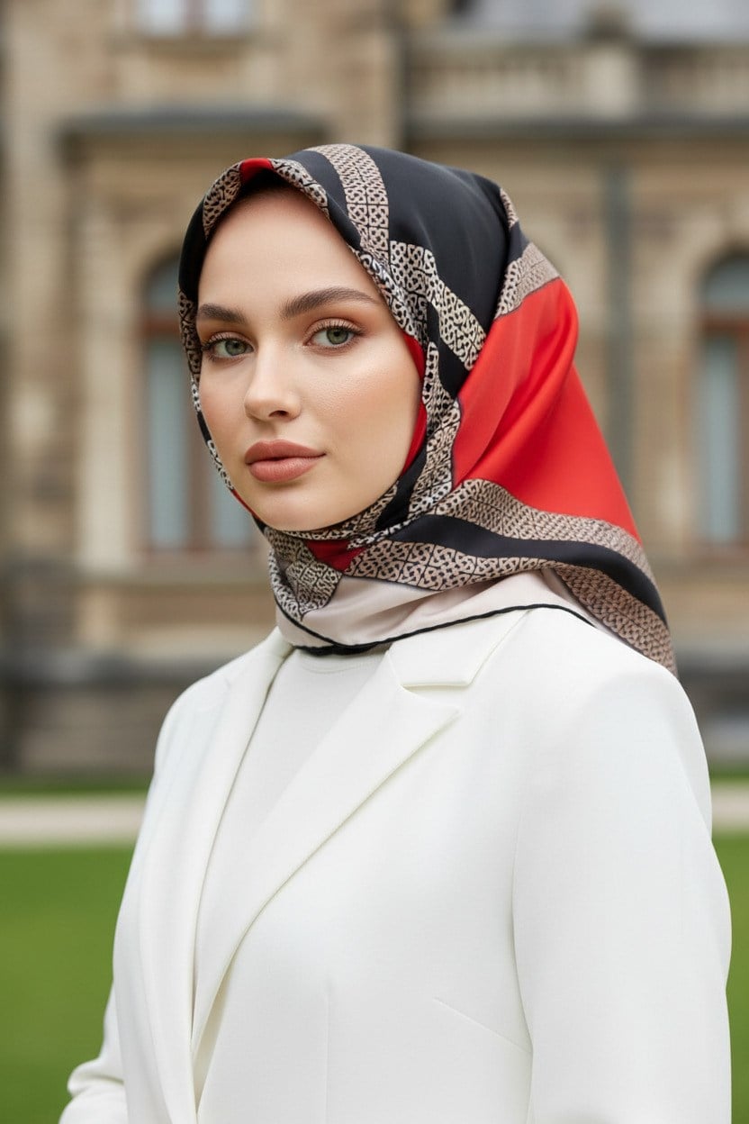 % 57 İPEK % 43 VİSKON Twill İpek Geometrik Desenli Siyah - Kırmızı Renkli 90x90 Eşarp Dikim Şekli : El Dikişi