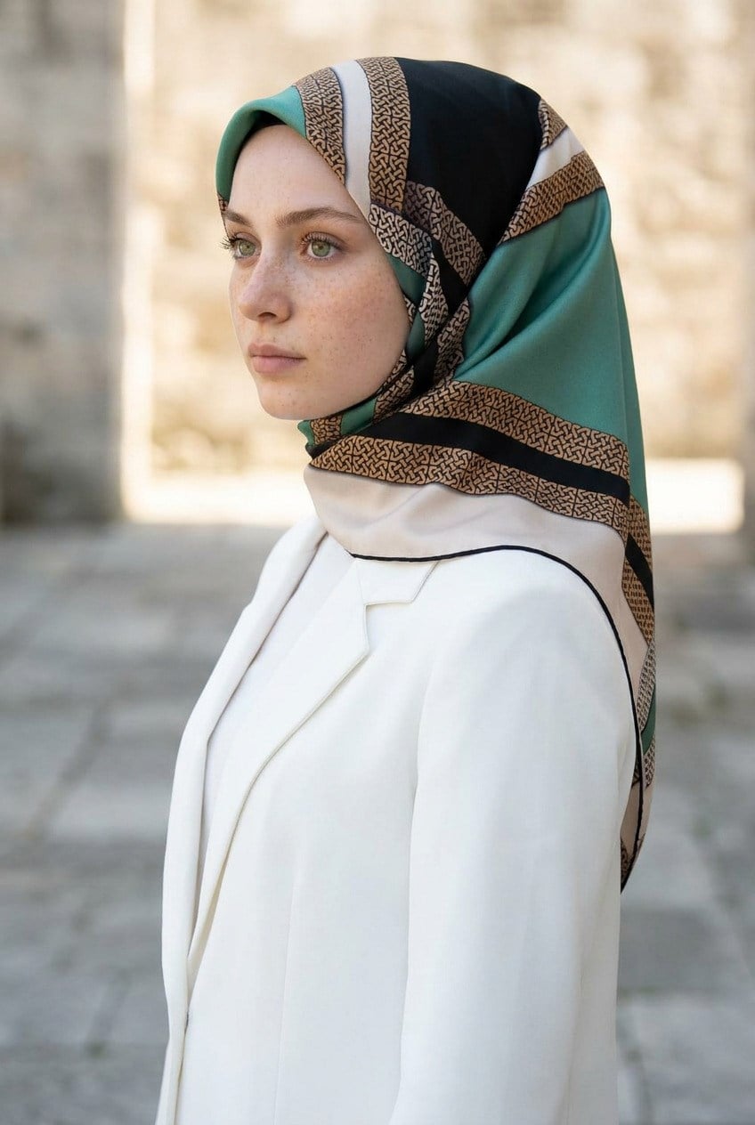 %100 Twill İpek Geometrik Desenli Siyah - Mint Yeşili Renkli 90x90 Eşarp Dikim Şekli : El Dikişi