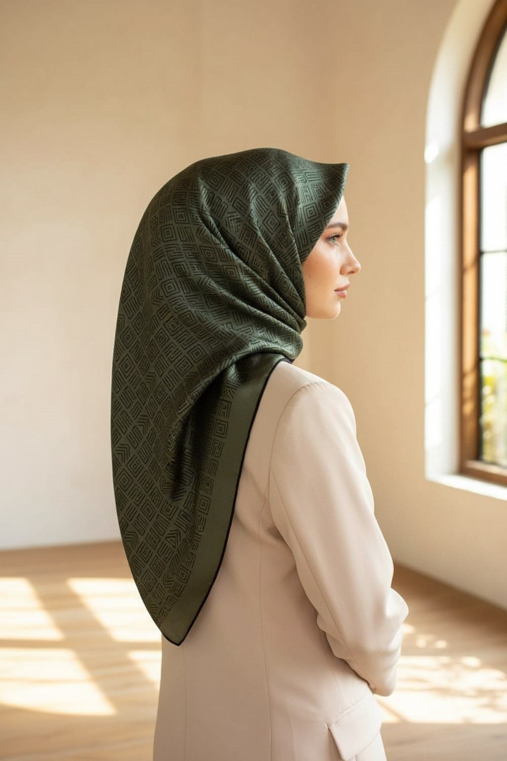 %57 İPEK %43 VİSKON Twill İpek Etnik Motif Desenli Haki - Siyah Renkli 90x90 Eşarp Dikim Şekli : El Dikişi