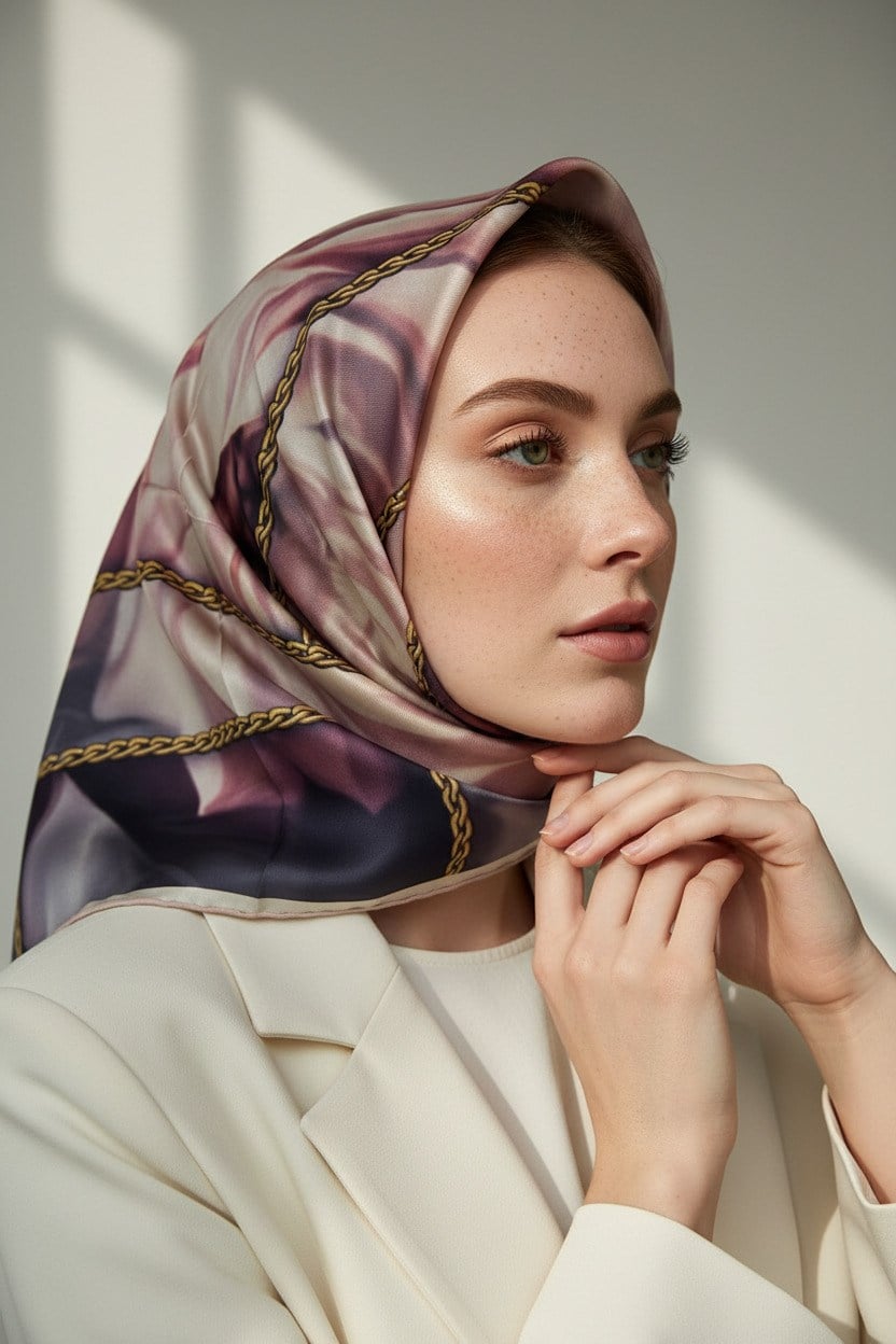 % 57 İPEK % 43 VİSKON Twill İpek Çiçek Geometrik Desenli pudra Renkli 90x90 Eşarp Dikim Şekli : El Dikişi