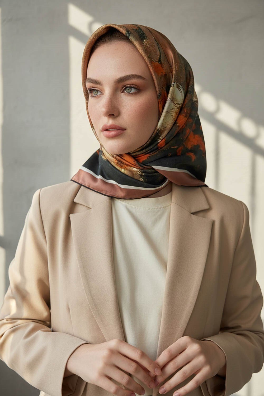 %100 Twill İpek Yağlı Boya Çiçek Desenli Taba - Petrol Yeşili Renkli 90x90 Eşarp Dikim Şekli : El Dikişi