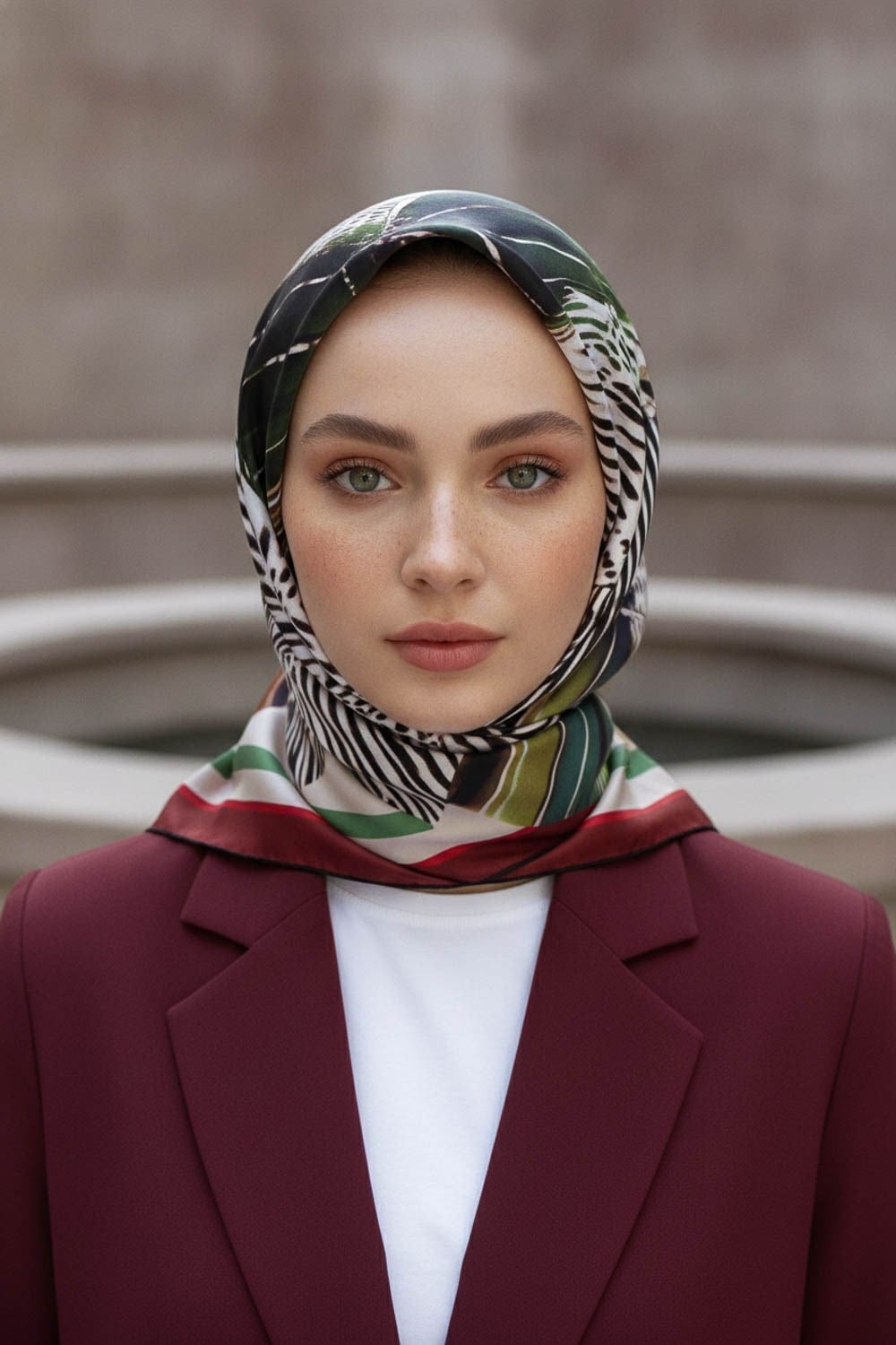 %100 Twill İpek Geometrik Desenli Bordo - Krem Renkli 90x90 Eşarp Dikim Şekli : El Dikişi