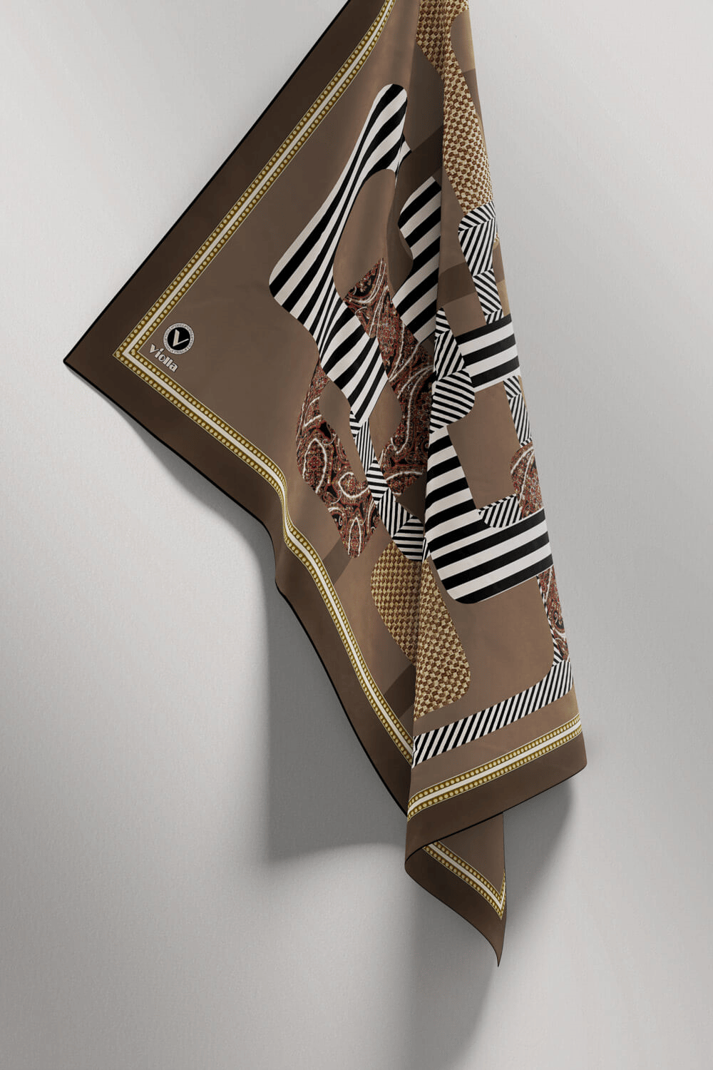 Twill Geometrik Desenli Bej Renkli 90x90 Eşarp (İpek İçermez) Kenar Dikiş Şekli El Dikişli