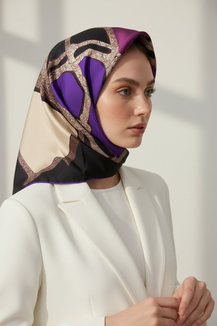 % 57 İPEK % 43 VİSKON Twill İpek Gold Efektli Geometrik Desenli Siyah - Mürdüm Renkli 90x90 Eşarp Dikim Şekli : El Dikişi
