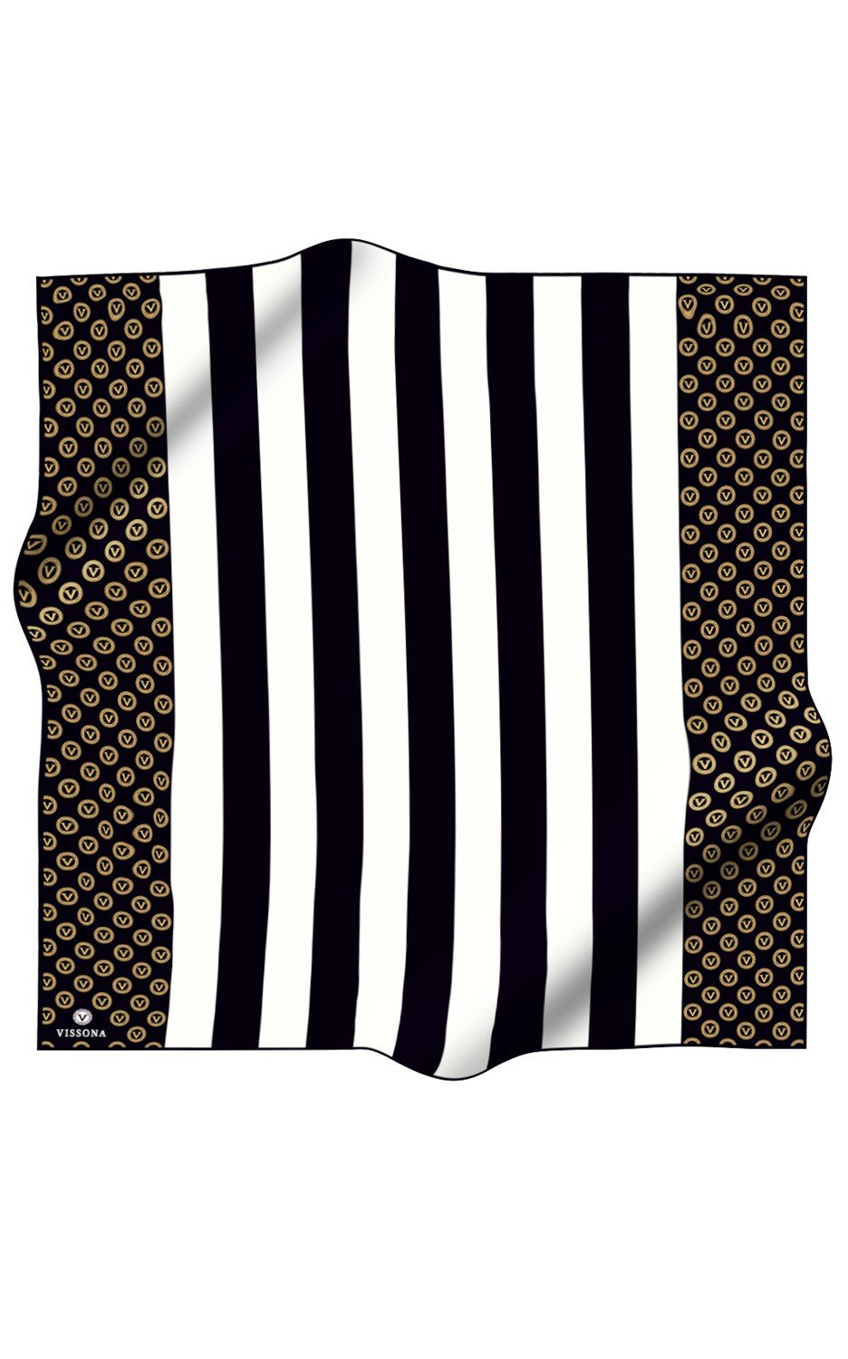 %100 Twill İpek Monogram Şerit Desenli Siyah - Krem Renkli 90x90 Eşarp Dikim Şekli : El Dikişi