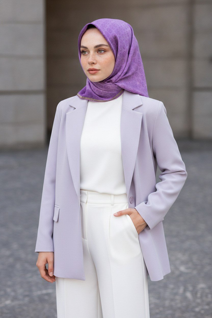 %100 Twill İpek Monogram Desenli Mor Renkli 90x90 Eşarp Dikim Şekli : El Dikişi