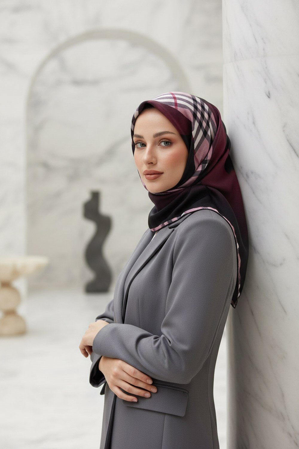 %100 Twill İpek Eşarp 90x90 Saks Siyah Ekose Desenli El Dikişli Kadın Eşarp