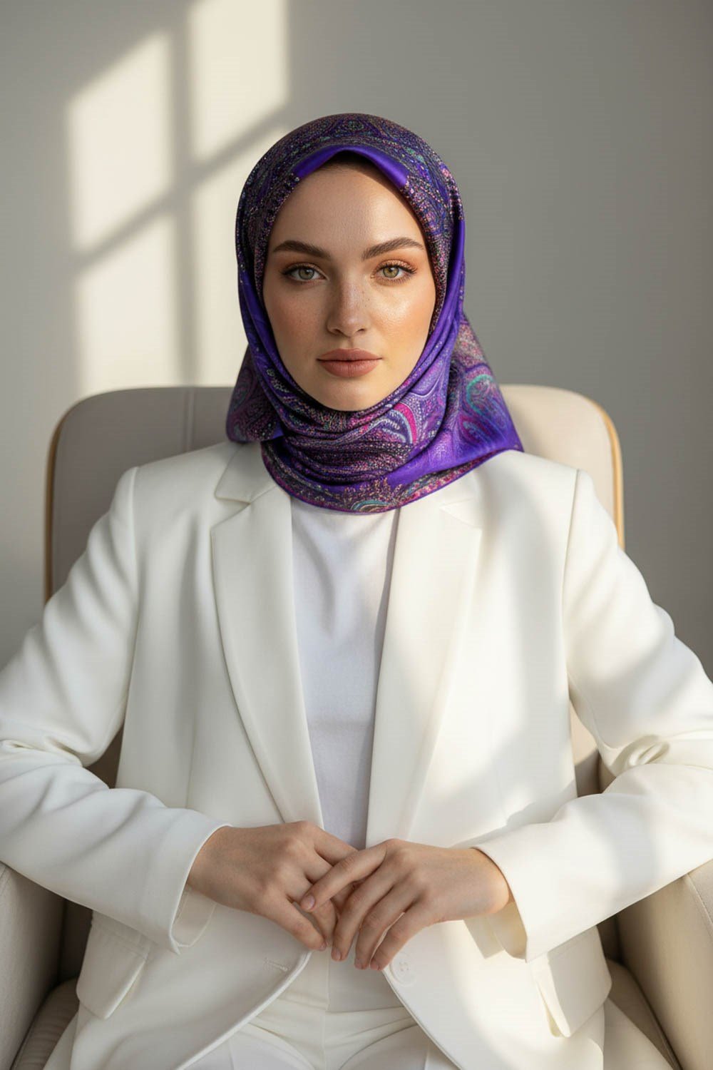 %100 Twill İpek Şal Desenli Mor Renkli 90x90 Eşarp Dikim Şekli : El Dikişi