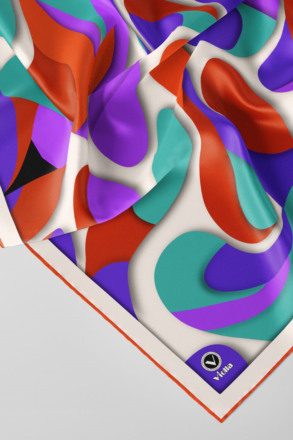 Twill Soyut Geometrik Desenli Taba - Mor Renkli 90x90 Eşarp (İpek İçermez) Dikim Şekli : El Dikişi