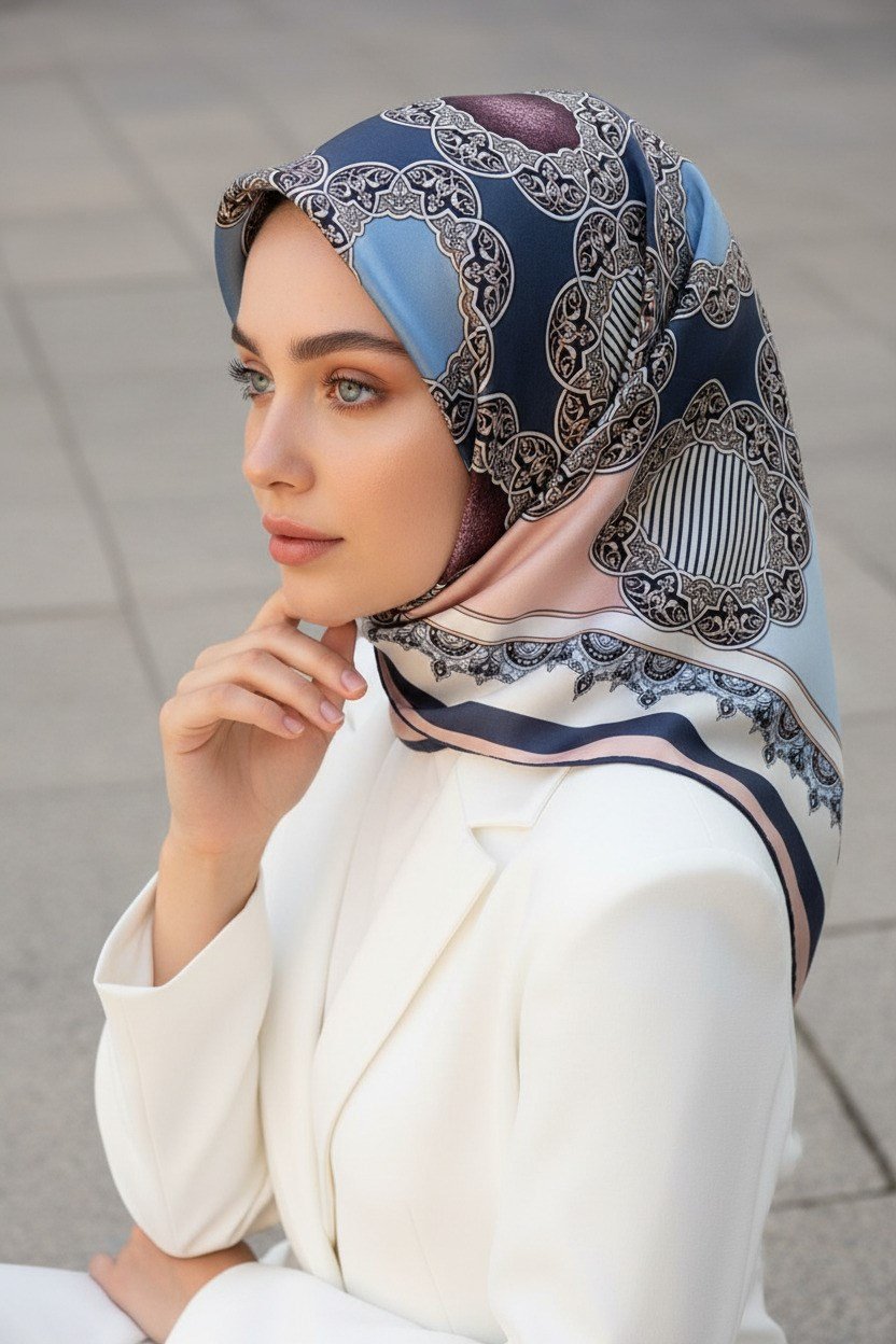 %100 Twill Türk Motifi  Desenli Pudra - Bebe Mavisi Renkli 90x90 Eşarp Dikim Şekli: El Dikişi