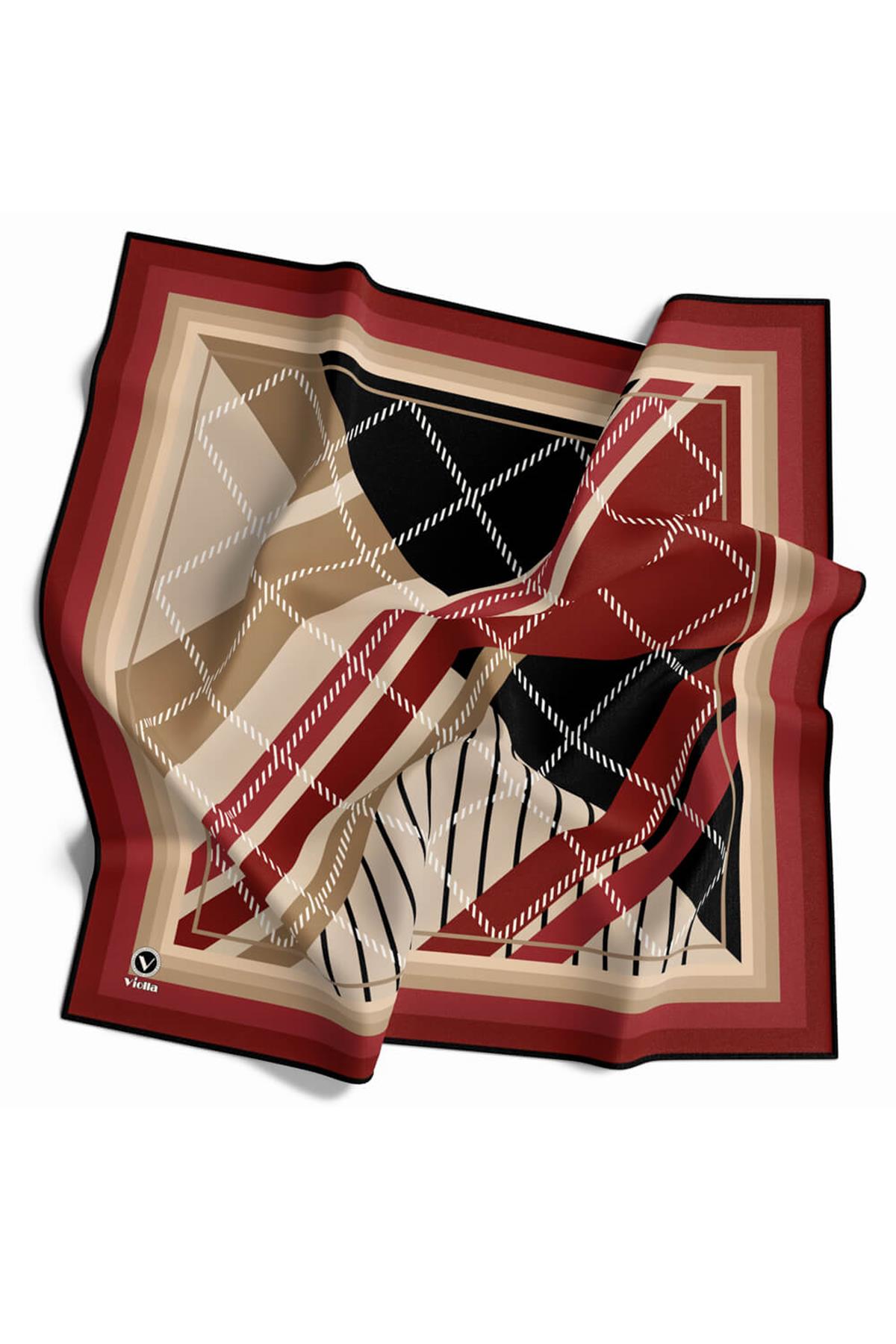 Soft Bordürlü Ekose Desenli Bordo Renkli 90x90 Eşarp (İpek İçermez) Kenar Dikiş Şekli El Dikişli