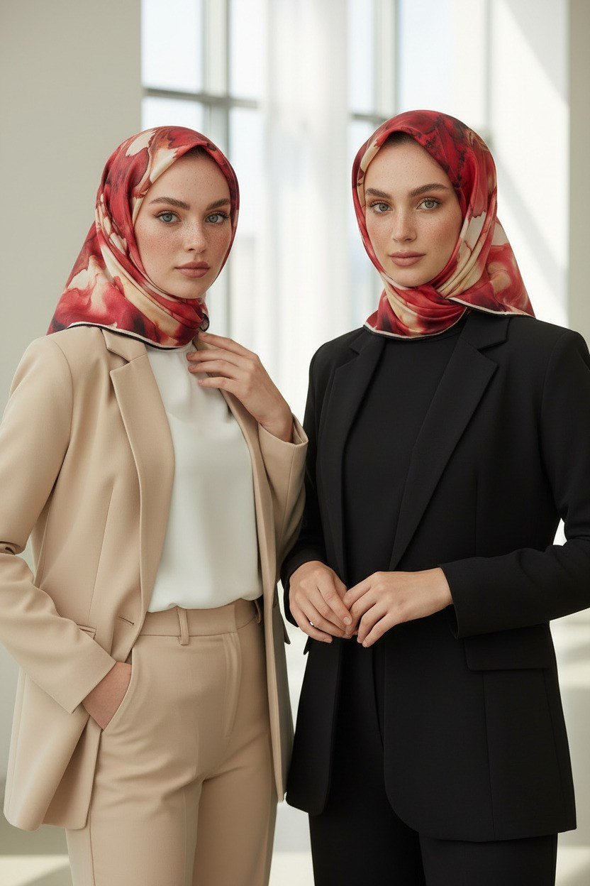 %100 Twill İpek Batik Çiçek Desenli Bordo - Hardal Renkli 90x90 Eşarp