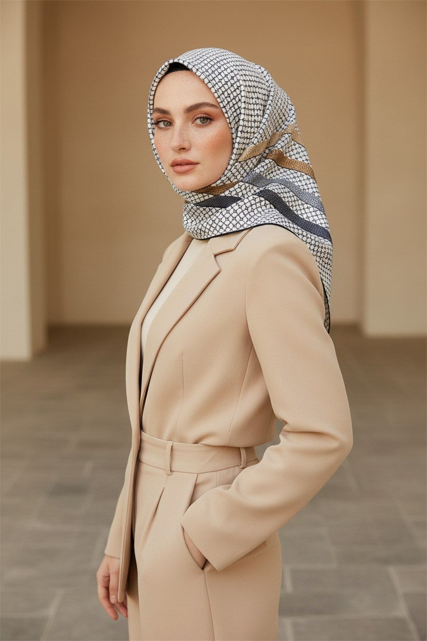%100 Twill İpek Bantlı Monogram Desenli Gold - Gri Renkli 90x90 Eşarp Dikim Şekli : El Dikişi